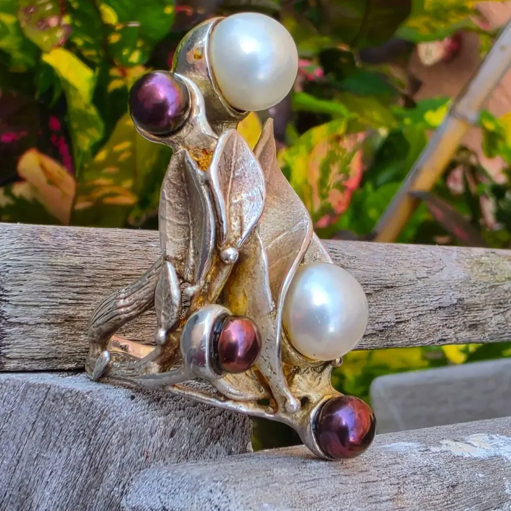Vintage Sterling Silver Faux Pearl Botanical Statement Ring Sz 8.5
